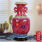 景德镇陶瓷器 珐琅彩中式红色双耳瓷王大花瓶 中式家居结婚庆礼